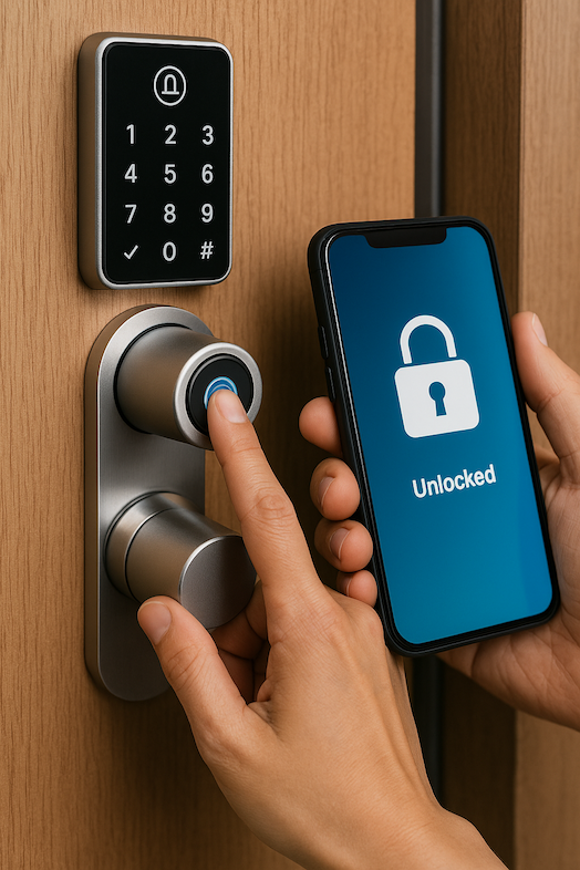 Cerradura inteligente instalada en puerta en Sabadell con apertura por móvil y teclado